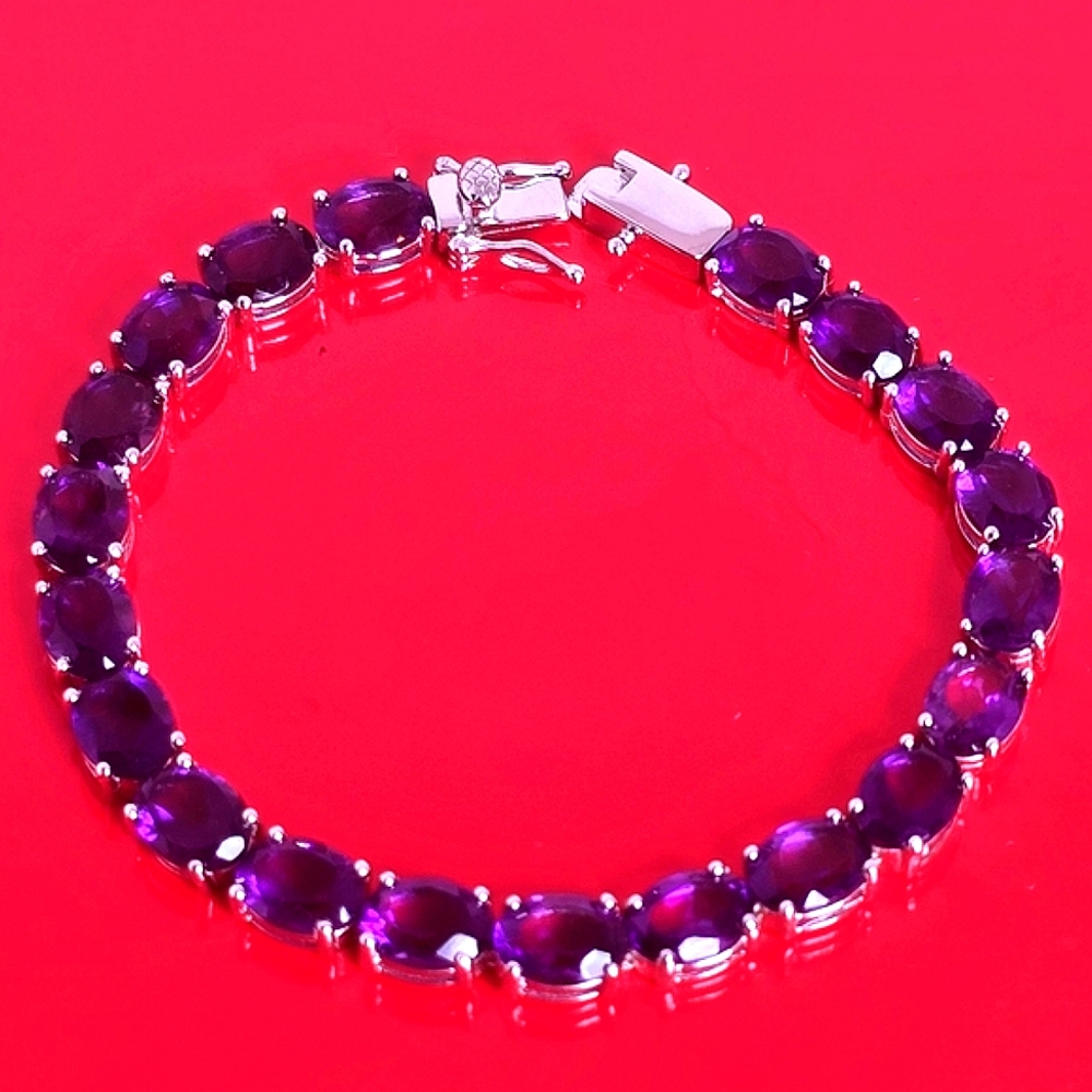 925 Sterling Silver Bracelet 7.0" with Natural Amethyst 6x8mm Gemstone
